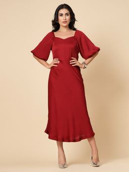 Gipsy - Maroon Solid Satin Midi Dress