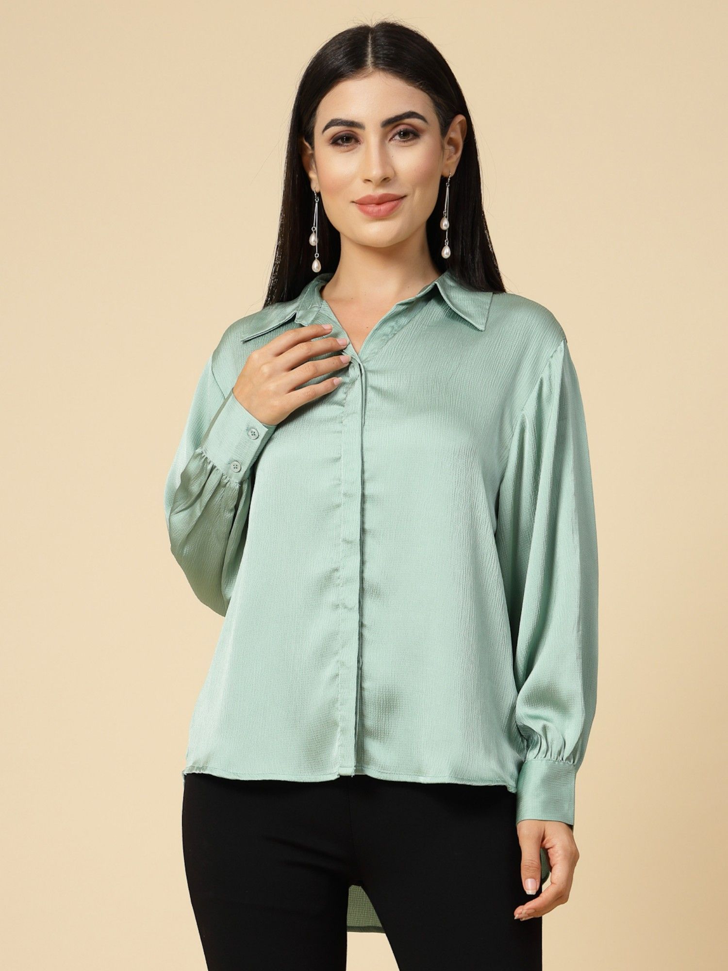 Buy Gipsy Mint Green Solid Satin Shirt Online