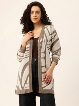 APSLEY - Beige Self Design Long Cardigans