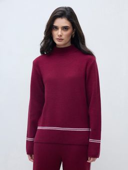 ELLE - Women Wine Blended Solid High Neck Sweater
