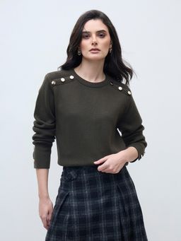 ELLE - Women Olive Blended Solid Crew Neck Sweater