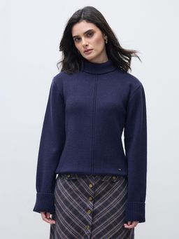 ELLE - Women Navy Blue Blended Solid Turtle Neck Sweater