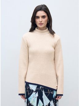 ELLE - Women Beige Blended Solid Turtle Neck Sweater