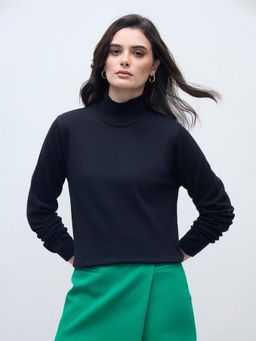 ELLE - Women Navy Blue Cotton Solid High Rib Neck Sweater