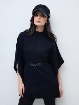 ELLE - Women Black Blended Solid Turtle Neck Flat Knitted Sweater