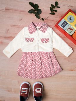 Bella Moda - Girls Pink Fleece Abstract Full Sleeves Dress with Jacket