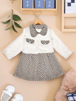 Bella Moda - Girls Brown Fleece Abstract Full Sleeves Dress with Jacket