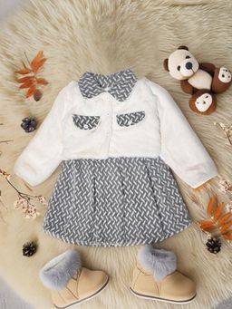 Bella Moda - Girls Grey Fleece Abstract Full Sleeves Dress with Jacket