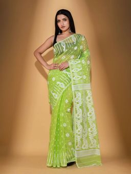 Beatitude - Green Cotton Silk Jacquard Jamdani Saree with Unstitched Blouse