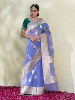 WeaverStory - Blue Handloom Organza Banarasi Saree with Kadhwa Leaf Booti with Unstitched Blouse