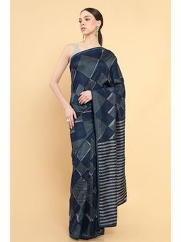 Soch - Women Navy Blue Silk Printed Saree with Stitched Blouse