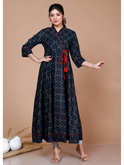 Miravan - Women Abstract Indigo Print Ankle Length Angrakha Style Kurta