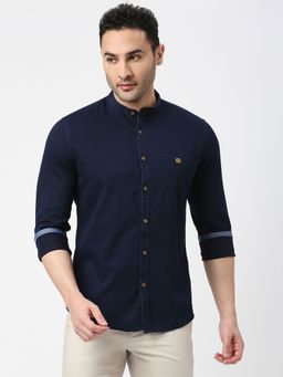 Dragon Hill - Full Sleeves Indigo Blue Premium Cotton Shirt with Stand Collar