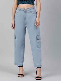 KOTTY - Womens Solid Cotton Lycra Blend High Rise Straight Fit Cargo Jeans