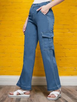 Miss Chase - Womens Blue Flared Leg High Rise Regular Stretchable Cargo Jeans