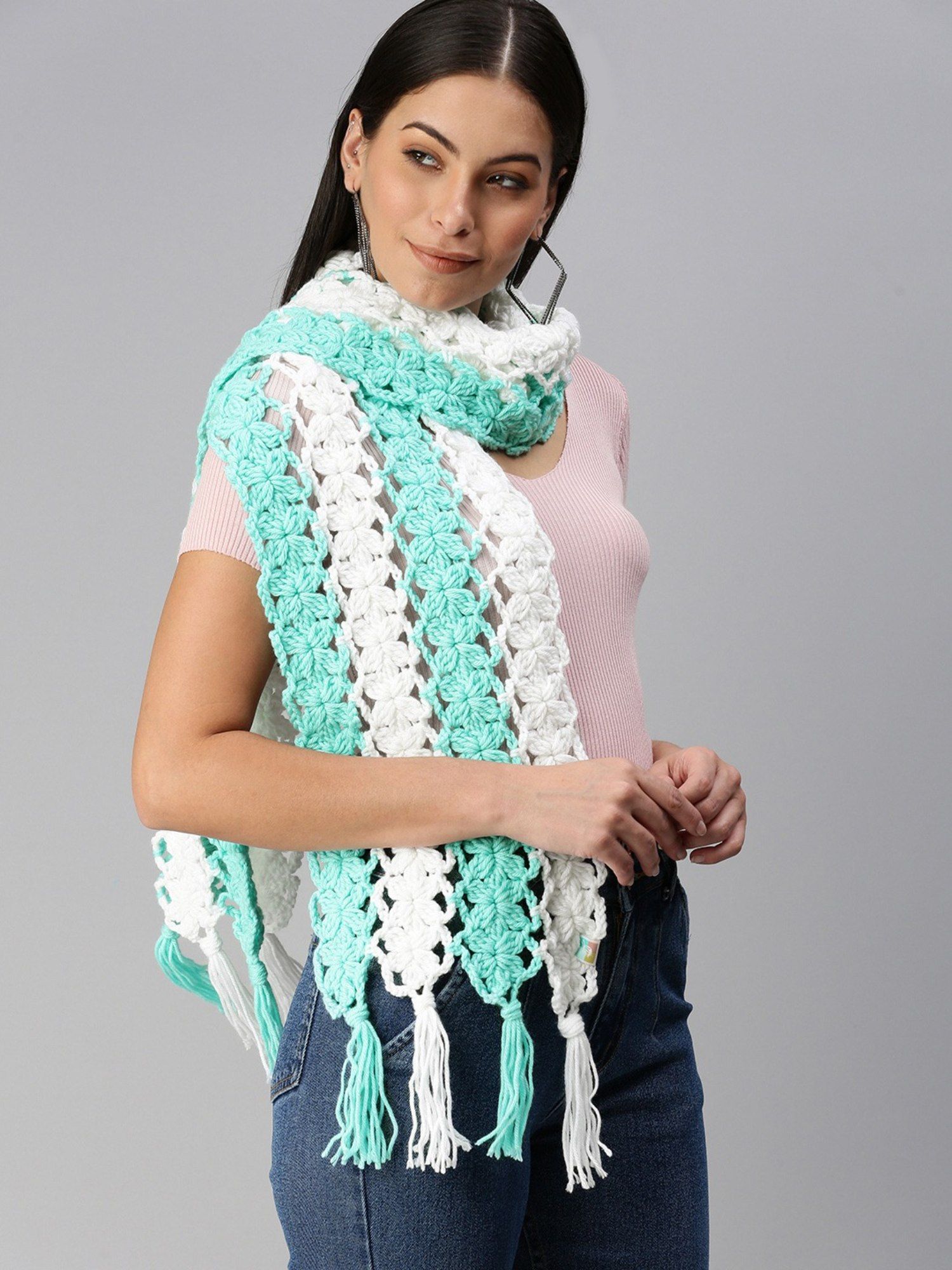 magic needles Women White Turquoise Blue Striped Handmade Scarf-picture-41