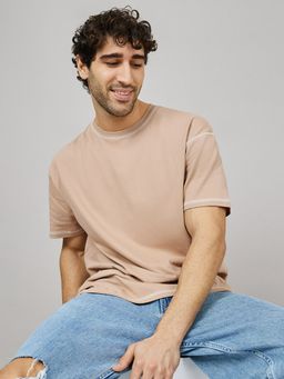 Styli - Beige Contrast Stitch Detail Oversized Fit T-Shirt