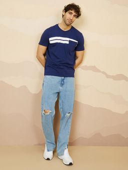 Styli - Navy Blue Horizontal Contrast Stripes Regular Fit T-Shirt