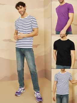 Styli - Multi Color Pure Cotton Crew Neck Regular T-Shirt (Pack of 3)