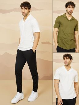Styli - Multi Color Pure Cotton Solid Revere Collar Polo T-Shirt (Pack of 2)