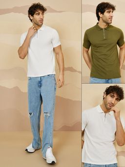 Styli - Multi Color Pure Cotton Solid Half Zip Polo T-Shirt (Pack of 2)