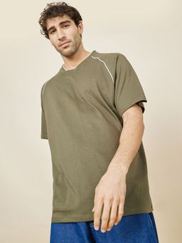 Styli - Olive Raglan Sleeve Contrast Piping Oversized T-Shirt