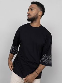 Styli - Black Rhinestone Sleeve Pattern Detail Oversized T-Shirt