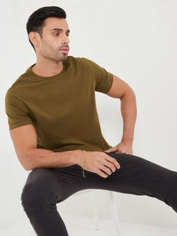 Styli - Olive Solid Crew Neck Cotton T-Shirt