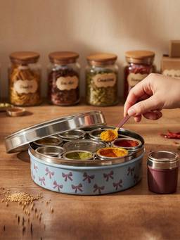 Living With Elan - La Gaanth Spice Box 9-Compartment Masala Dabba with Spoon Smoke Grey