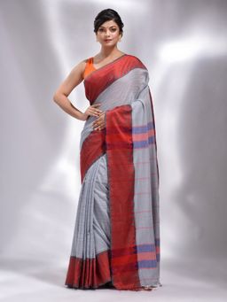 CHARUKRITI - Grey Pure Cotton Handwoven Temple Border Saree with Unstitched Blouse