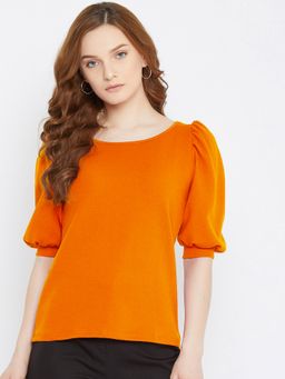Uptownie - Women Knit Solid Round Neck Top - Orange