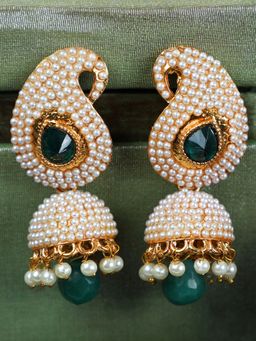 Anika's Creations - Pearl Embedded Traditional Partywear Green Jhumki Earrings