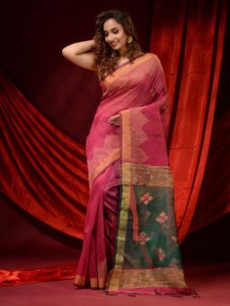 CHARUKRITI - Punch Pink Linen Temple Borders and Woven Floral Motifs Saree with Unstitched Blouse
