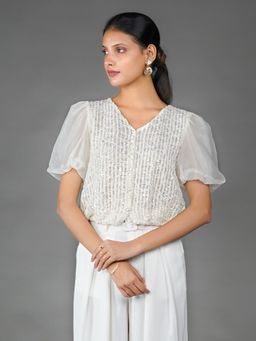 Zink London - Womens Off White Solid Embellished Top