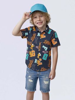 Jack & Jones Junior - Navy Blue Cotton Half Sleeves Collar Neck Typography Shirts