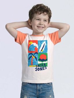 Jack & Jones Junior - Off White Cotton Half Sleeves Crew Neck Graphic T-shirts