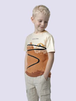 Jack & Jones Junior - Cream Cotton Half Sleeves Crew Neck Printed T-shirts