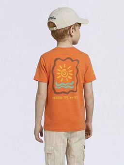Jack & Jones Junior - Orange Cotton Half Sleeves Crew Neck Printed T-shirts