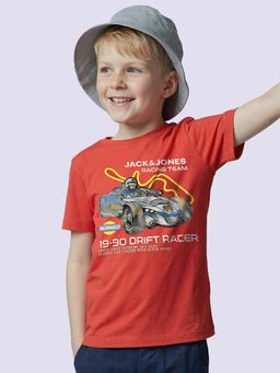 Jack & Jones Junior - Red Cotton Half Sleeves Crew Neck Graphic T-shirts