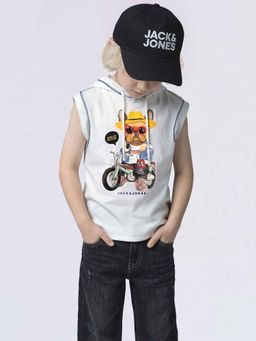 Jack & Jones Junior - White Cotton Sleeveless Hooded Graphic T-shirts