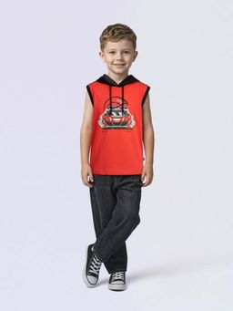 Jack & Jones Junior - Red Cotton Sleeveless Hooded Graphic T-shirts