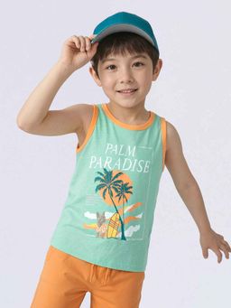 Jack & Jones Junior - Green Cotton Sleeveless Crew Neck Graphic T-shirts