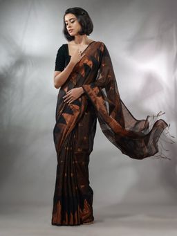 CHARUKRITI - Copper Tissue Handwoven Soft Saree with Geometric Designs & Unstitched Blouse