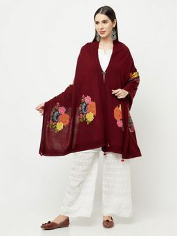 KnitStudio - Womens Maroon Woolen Floral Shawl