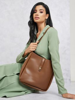 Styli - Women's Brown Pu Plain Shoulder Bag & Pouch (Set of 2)