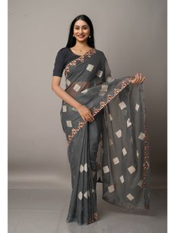 Unnati Silks - Grey Cross Stitched Embroidered Super Net Saree with Unstitched Blouse