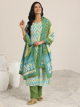 Libas - Green Embellished Printed Straight Kurta with Pant and Dupatta (Set of 3)