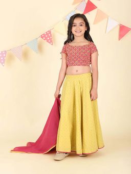 Fabindia - Yellow Cotton Hand Block Printed Lehenga With Choli & Dupatta