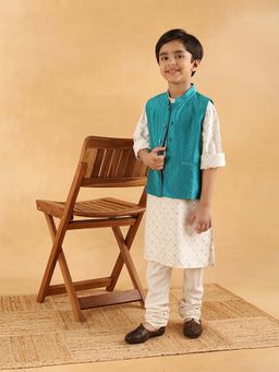 Fabindia - Teal Viscose Blend Dobby Nehru Jacket