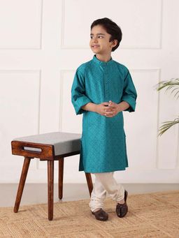 Fabindia - Teal Viscose Blend Hand Block Printed Kurta
